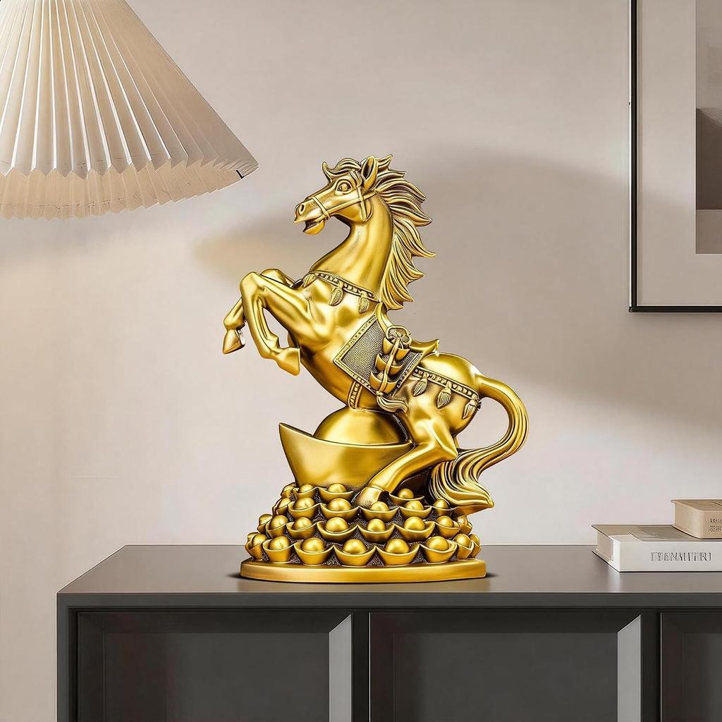 Aris & Juno Messingpferd mit Yuanbao Feng Shui Statue – Chinesische Erfolg & Reichtum Figur für Eingangsbereich, Home-Office Schreibtisch oder Regal Dekoration, Geschenk für