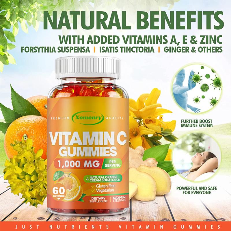 Vitamin C Gummibärchen, 1000 mg pro Gummibärchen, Multivitamin-Nahrungsergänzungsmittel, 100 Gummibärchen pro Packung, vegan, für Erwachsene geeignet, gentechnikfrei.