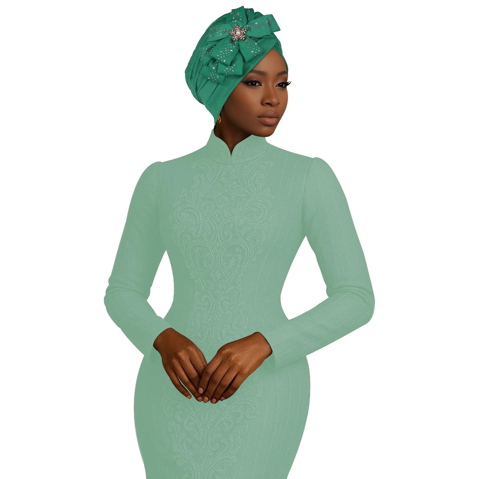 

New African Rhinestone Flower Casual Hijab Hat One Size зелений