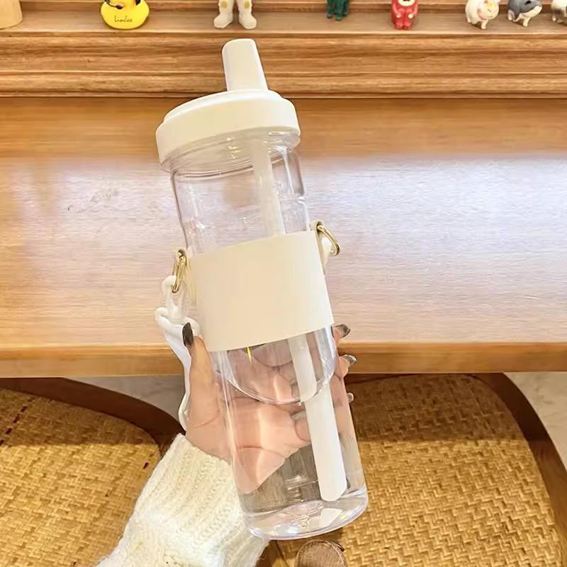 500/850ml Water Bottles Straw Plastic Cup Milk Juice Cup with Lid Leather Case Bubble Tea Coffee Cups Large Capacity Drinkware