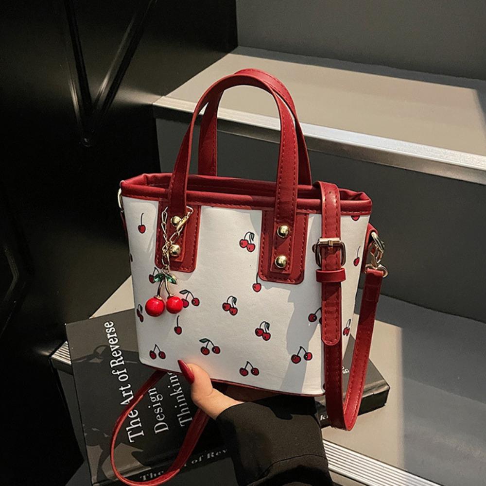 Korean Style Cherry Crossbody Bag Large Capacity Square Tote Bag Bucket Shoulder Bag Travel
