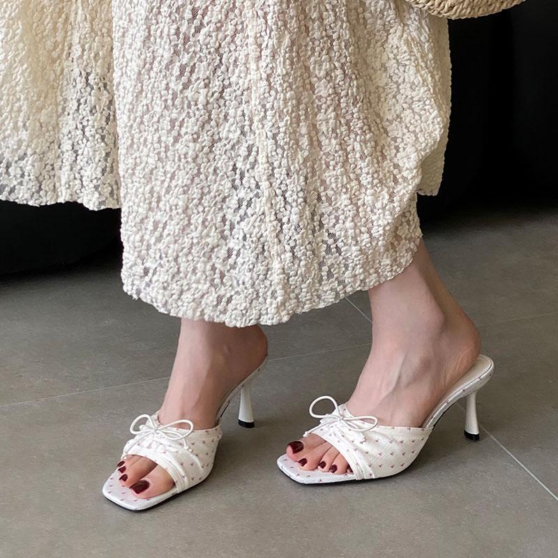 Fashion Elegant Women Pumps Heels Slides Shoes Female Slip On Footwear Square Toe Fashion Butterfly-Knot Ladies High Heels Shoes
