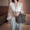 Elegant V-Neck Lantern Sleeve Silk Top - Women's Palace Style Spring Shirt