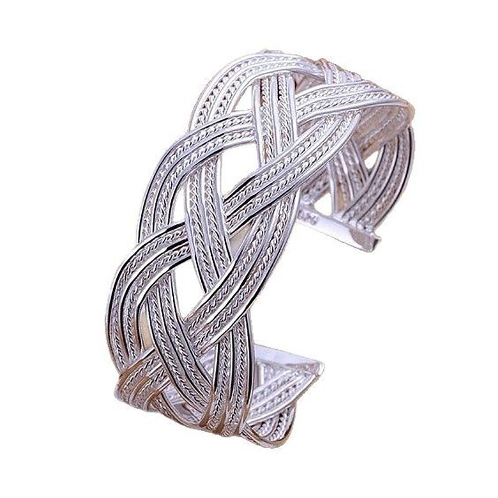 Resizable Wide Open Bangle Silver Woven Bracelet Unique Hollow Charm Bracelet  Gift