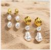 Baroque Pearl Dangle Earrings, French Vintage Statement Drop Earrings Stainless Steel for Women Wedding Party Jewelry