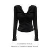 VAYLA Slimming Long Sleeve Black Knit T-Shirt for Women - One-Piece Wrap Around Style with Low Cut - Ins Top Slimming Shape-Wear