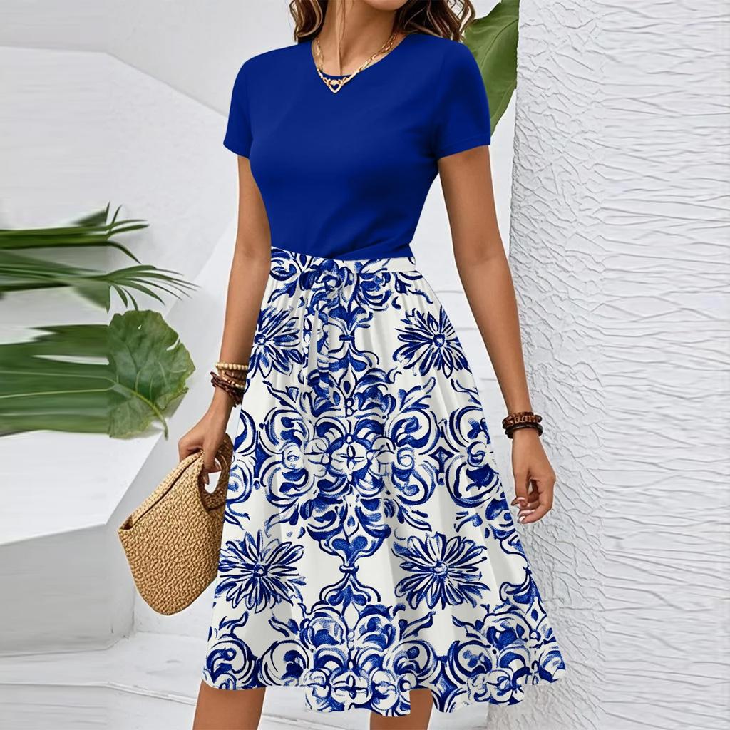 Women's Casual Fashion Belted Floral Print Short Sleeve Round Neck Elegant Dress