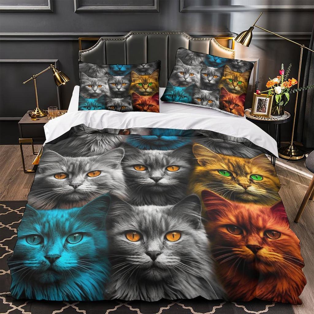 3D Digital Printing Color Cat Series Quilt Cover Pillowcase Two Or Three-Piece Set Polyester Abraded