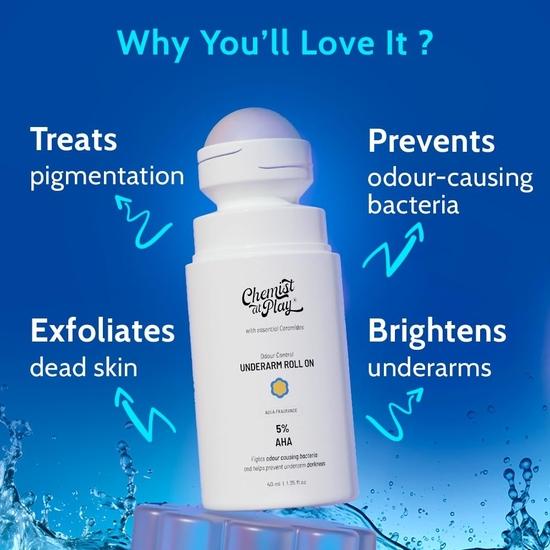 Chemist at play UnderArm Roll-On with 5% AHA, Lactic Acid & 1% Mandelic Acid | Exfoliates Underarm | For Sensitive Skin | Alcohol Free - 40ml