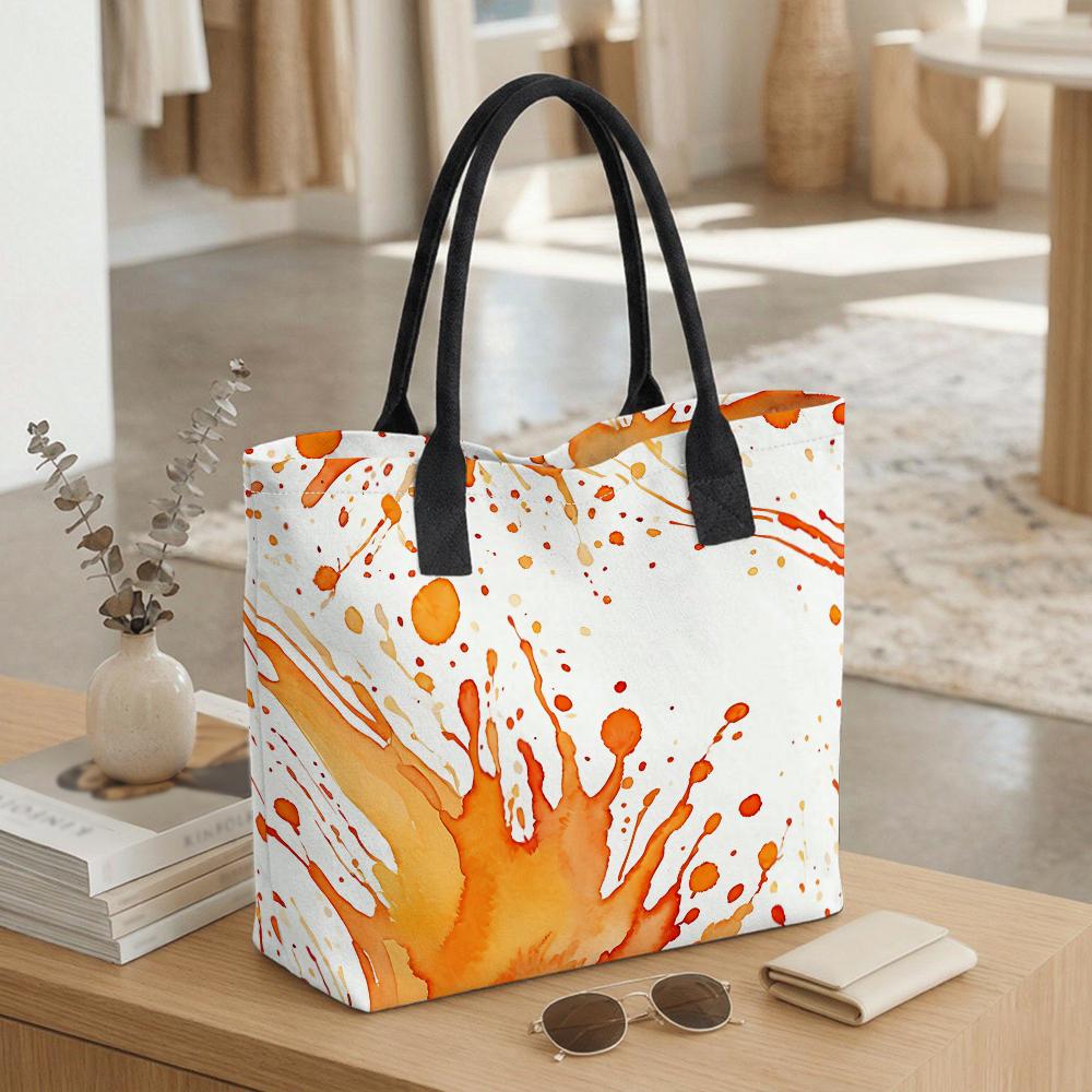 Orange Splatter Print Canvas Tote Bag Casual Large Capacity Daily Shoulder Handbag
