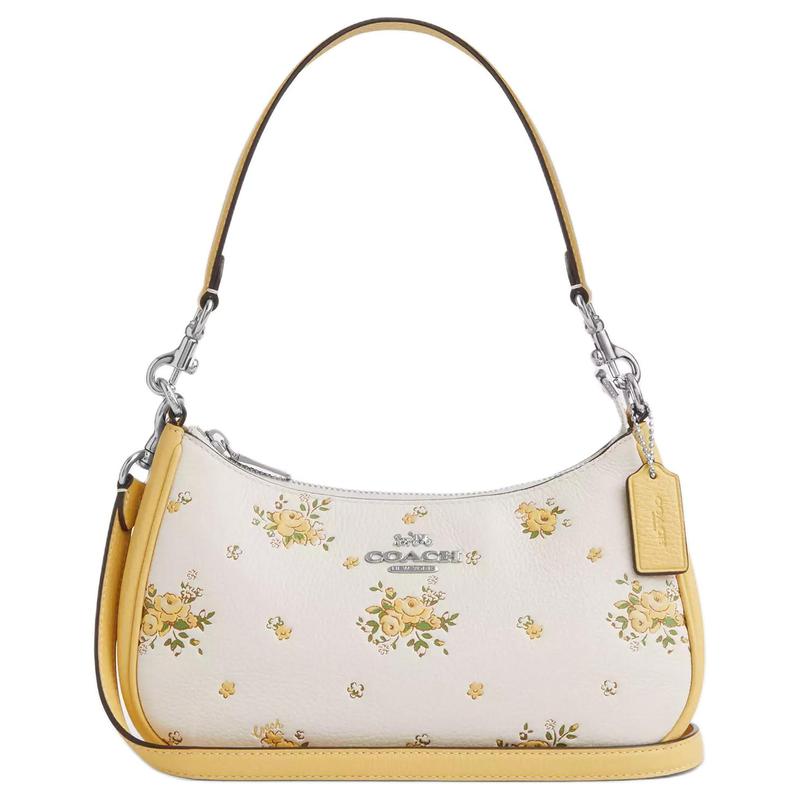 COACH Teri 24 Logo Floral Print Pebbled Leather Hand Crossbody Shoulder Bag Medium Women s Silver with Chalk серебряный