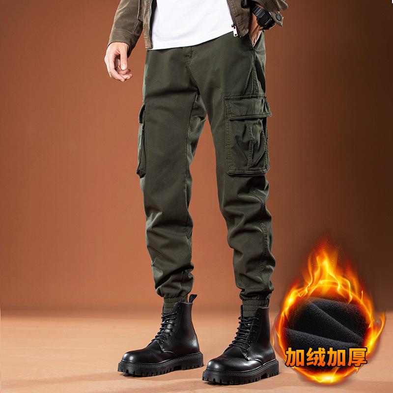New Velvet Casual Pants Tied Feet Trendy Overalls Men's Handsome Multi-pocket Pants