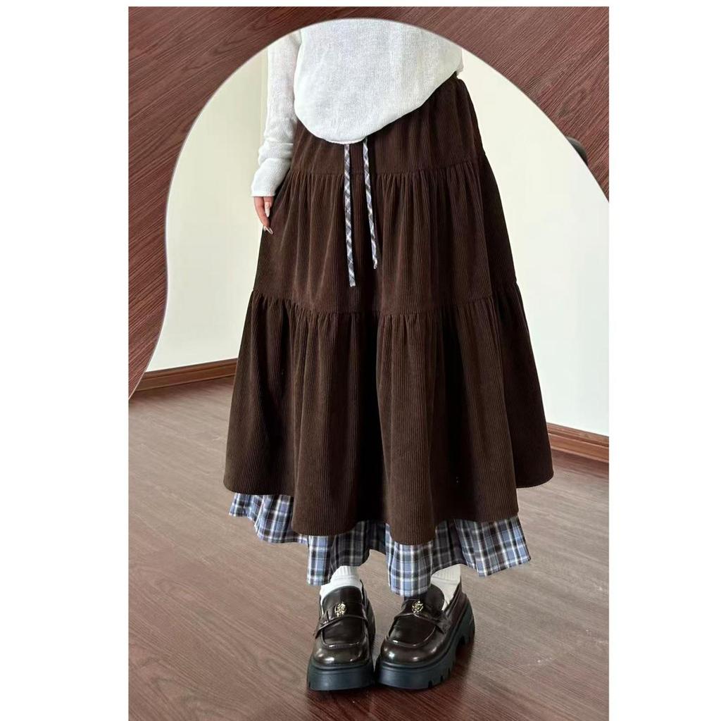 Women's Brown Corduroy Plaid A-Line Skirt - Spring/Autumn Patchwork Mid-Length, Slimming Cake Design