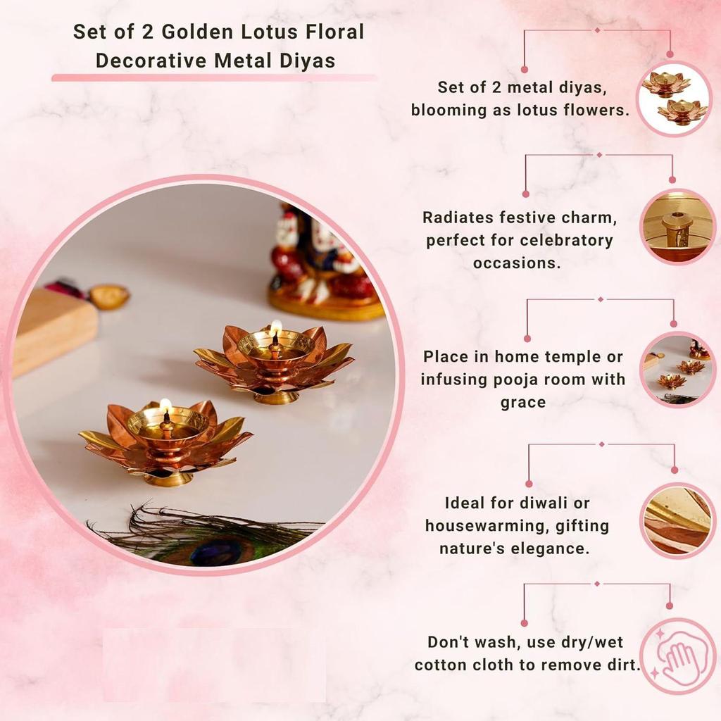 Dekoracyjna mosiężna diya w kształcie złotego kwiatu lotosu na Diwali Pooja (2, Złoty Kwiat Lotosu)