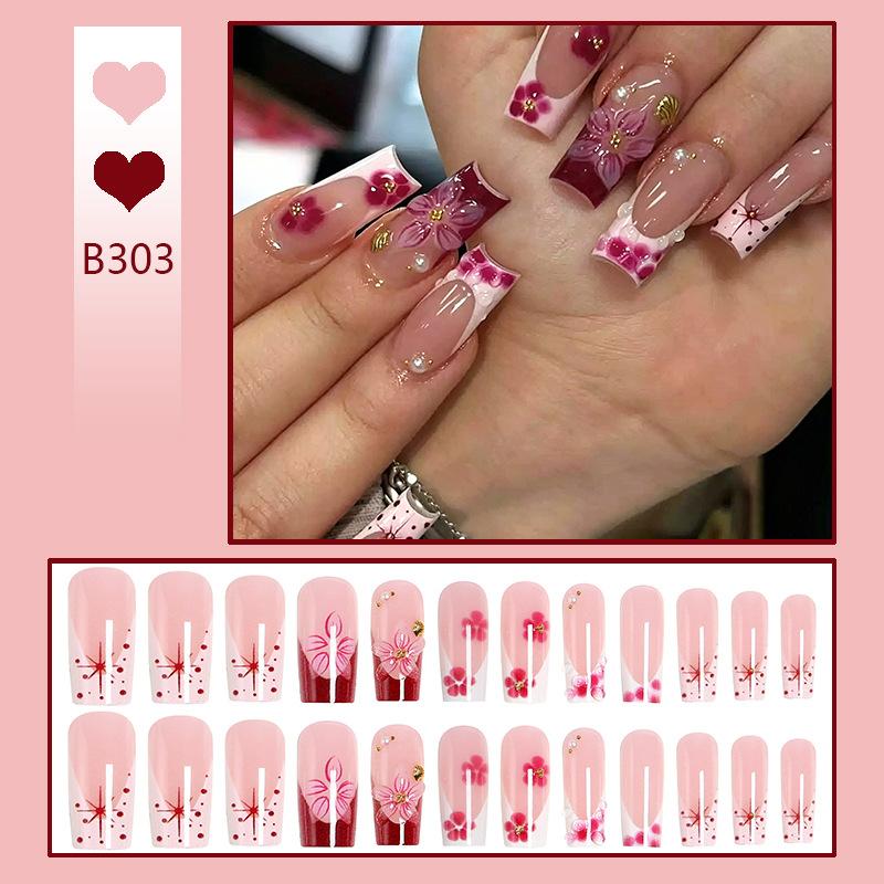 24pcs medium water pipe press on nails with 3D floral design, European & American style false nails for cross-border wholesale.