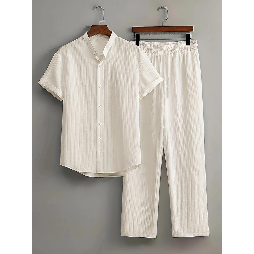 Men's Button Textured Casual Striped Short Sleeved Shirt and Elastic Straight Leg Pants Set, 2-piece Set