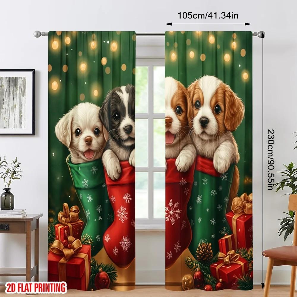 Set Of 2 Cute Puppy Floral Curtain Polyester Christmas Window Decor Home With Rod Pocket Blackout