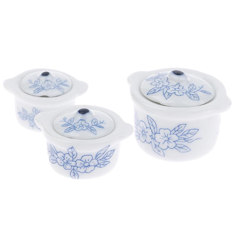 3Pcs 1/12 Dollhouse Miniature Ceramics Soup Pot Simulation Kitchenware Model