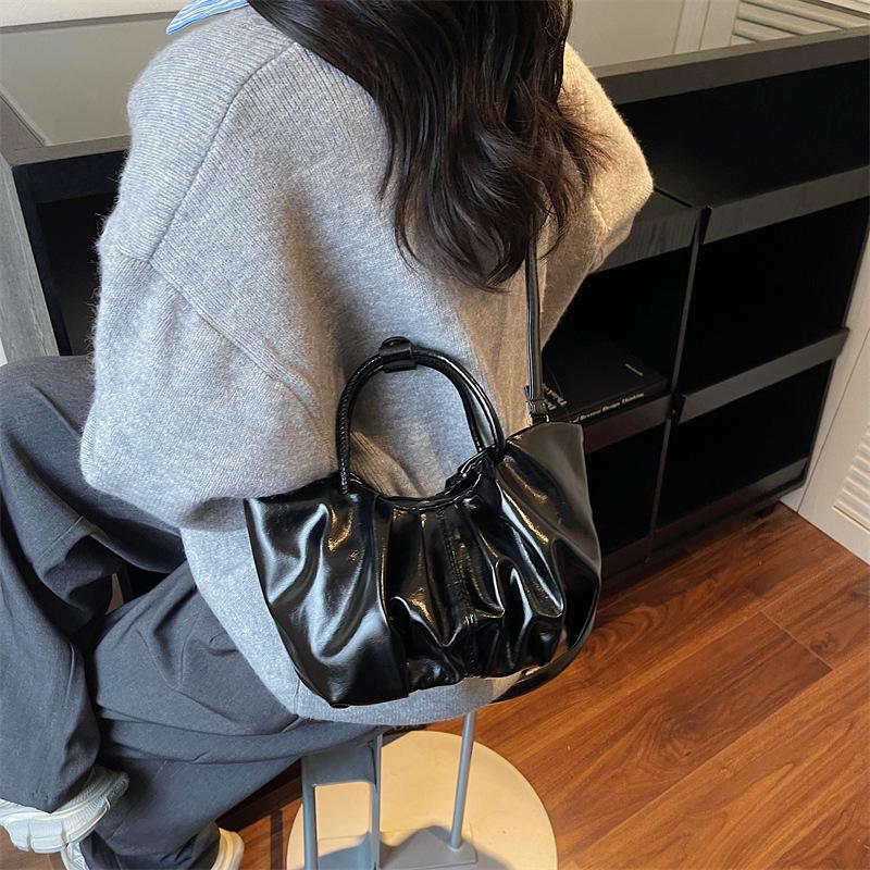 Vintage Pleated Design Women PU Leather Shoulder Bags Solid Color Ladies Small Bucket Tote Simple Female Crossbody Bag Handbag