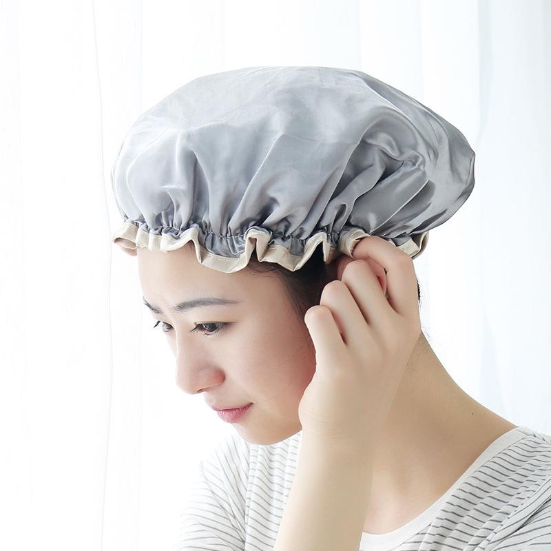 Solid Color Double Layer Waterproof Shower Cap for Women