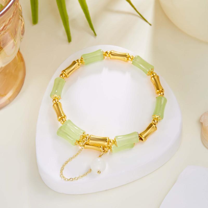 Elegant Green Bamboo Joint Beaded Bracelet for Women Chinese Style Charm Flower Pendant Bracelet Student Zircon Accessories