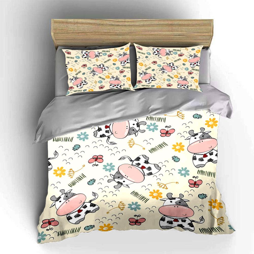 Cartoon Cows and Flowers Pattern Bedding Duvet Cover Set Duvet Cover Pillowcases  (1*Duvet Cover 2*Pillowcases, Without Duvet Insert)