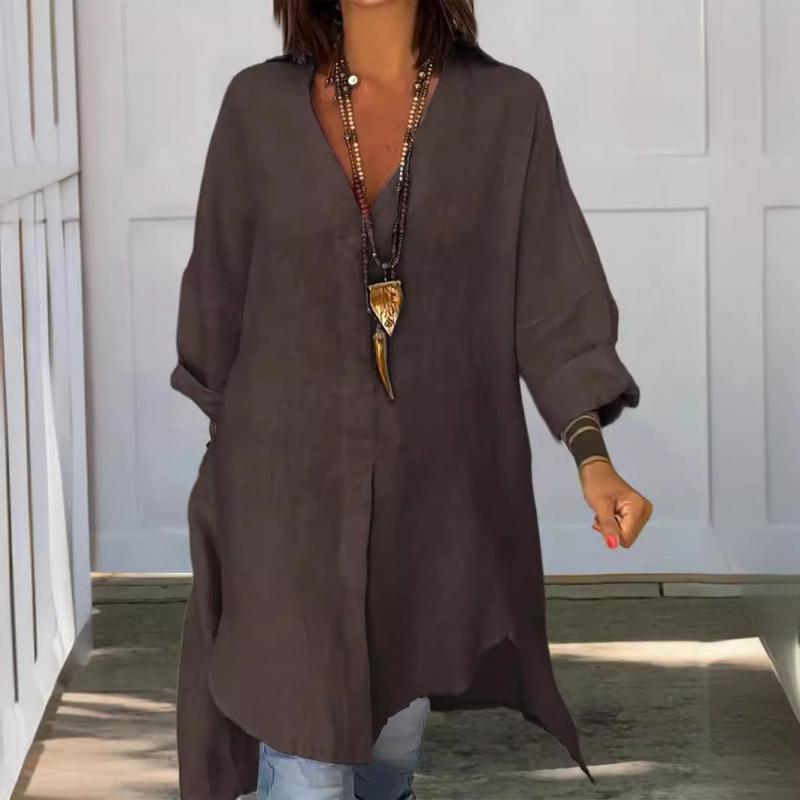 Women's Collared Long Sleeve Loose Fit Solid Color Linen Blend Tunic Shirt Dress Casual Summer Wear