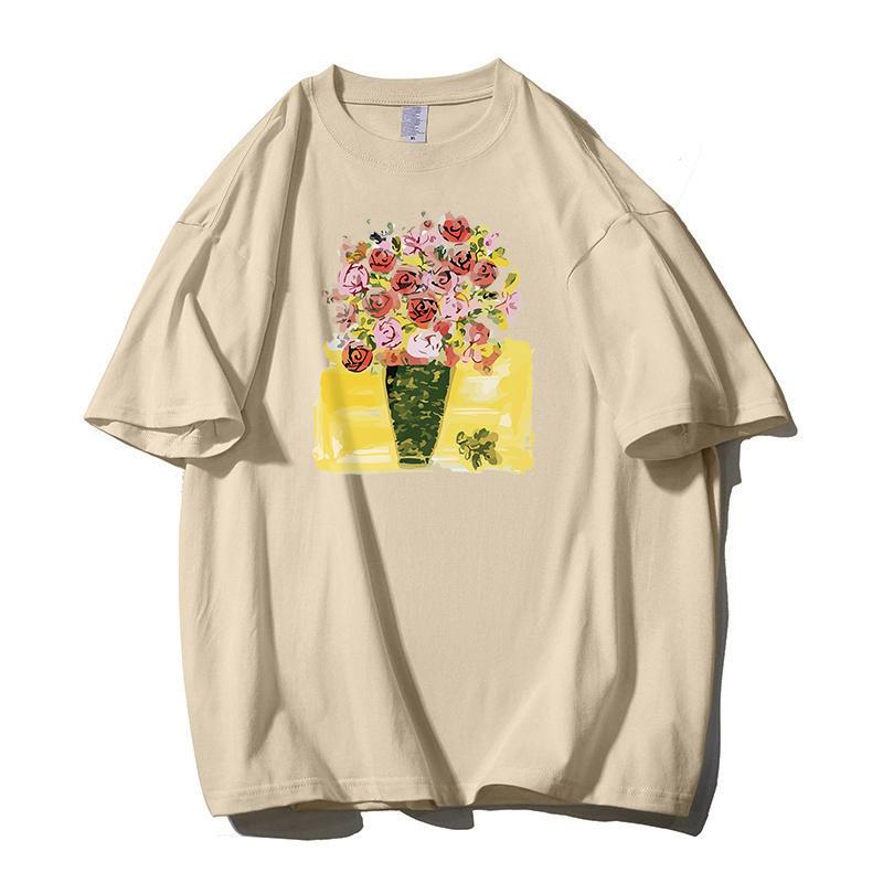 Shellsuning Tričko s potiskem krásných květin pro ženy Letní móda s výstřihem do O Umělecká trička nadměrné velikosti Dámská 100% bavlna Základní měkké topy Harajuku