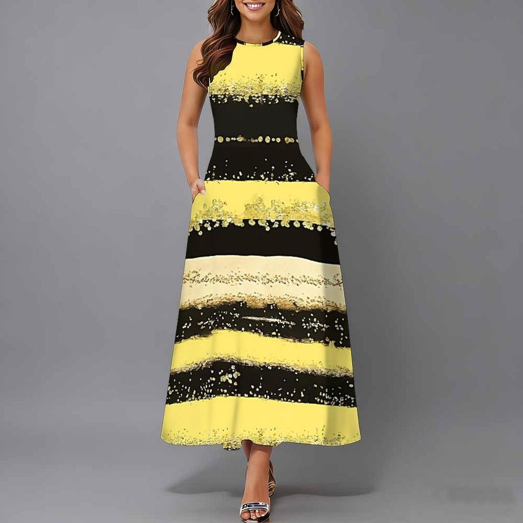 Women Oversized Sleeveless Round Neck Dress Stunning Tropical Bouquet Flowy Mid Length Dress