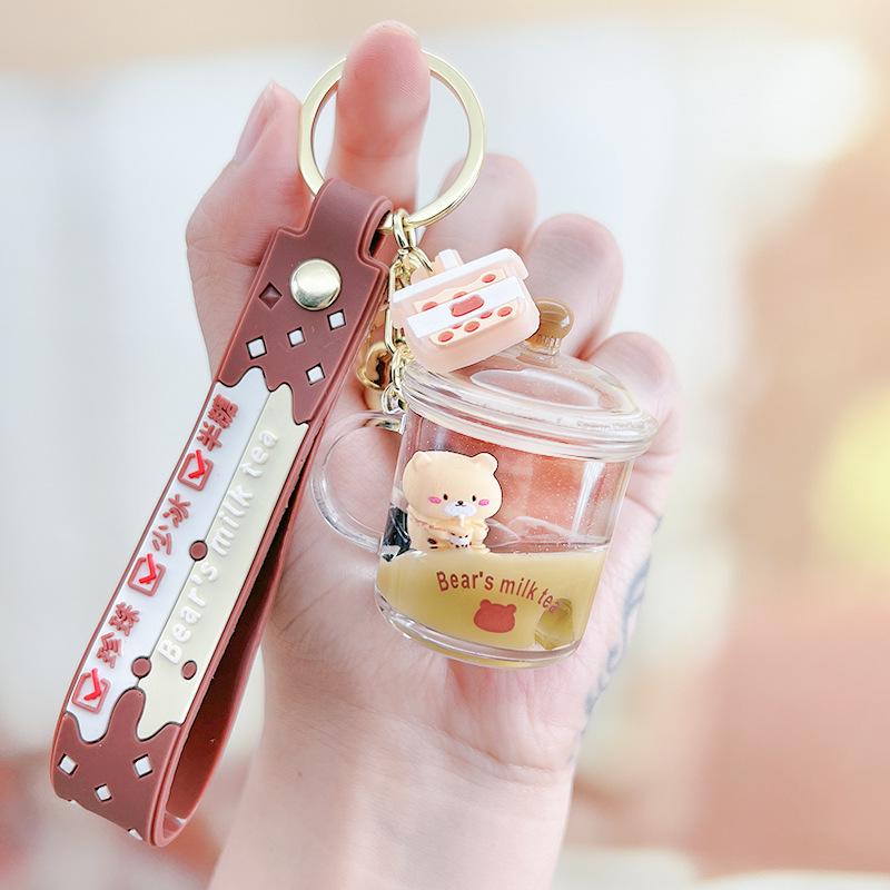 Pearl Milk Tea Bear Keychain - Floating Cartoon Pendant for Backpack or Car