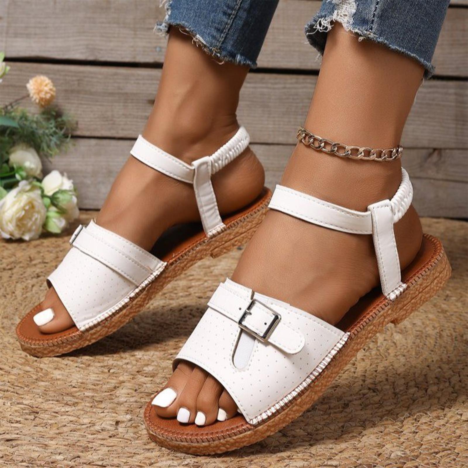 

Summer women s flat bottomed elastic belt casual belt buckle open toe sandals 43 білий