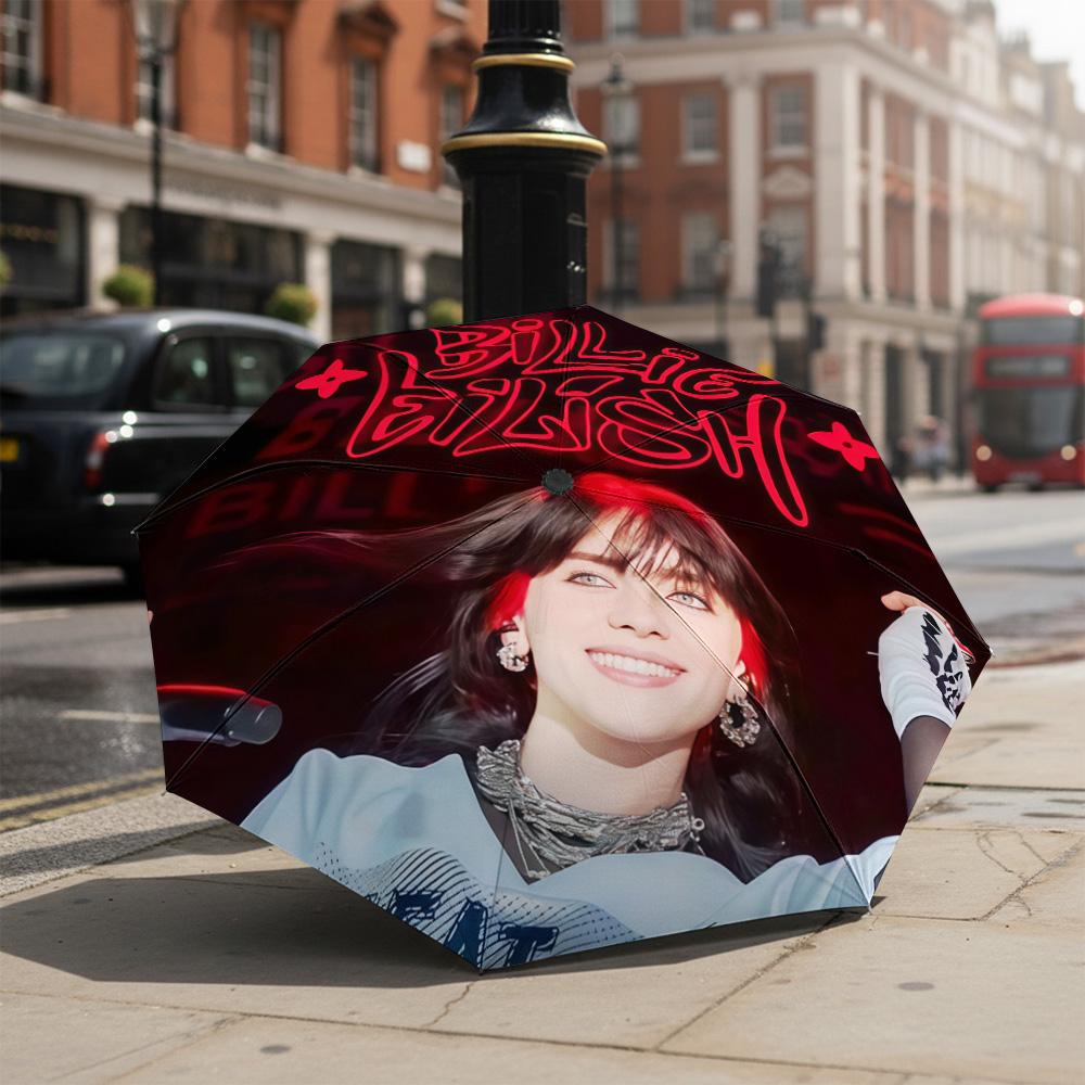 1 Stück Automatischer Faltregenschirm - Billie Eilish Muster, Tragbares & Faltbares Design mit 8 Speichen, Weihnachts-Geburtstagsgeschenke