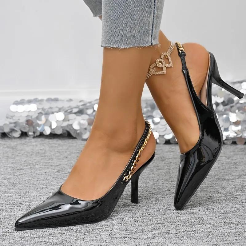 2025 Plus Size Women's Slingbacks High Heel Chain Metal Decoration Pointed Toe Thin Heel Slip on Pumps for Party & Dress