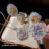 Farah Crown Jewel Ring, Weave Engraved Gold, 18K Gold Plated, Twilight Yellow Water Drop Zircon Ring Necklace