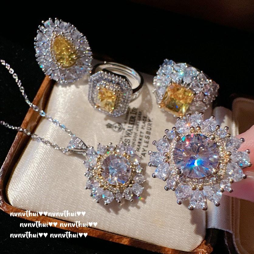 Farah Crown Jewel Ring, Weave Engraved Gold, 18K Gold Plated, Twilight Yellow Water Drop Zircon Ring Necklace