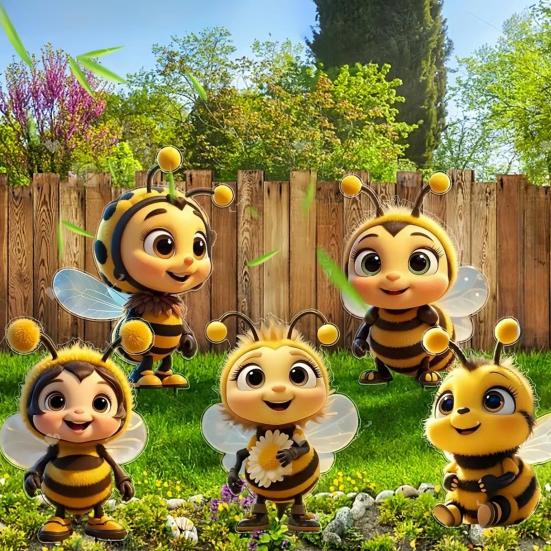 5Pcs Bee Statue 2D Bee Design Gardens Porches Bee Ornament Bright Yellow Bee Sculpture Yard Decoration
