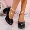 Pearls Ankle Strap Pumps Women Summer 2025 Chunky Platform Hot Pink High Heels Shoes Woman Patent Leather Punk Goth Mary Janes