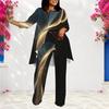 Women Plus Size Round Neck Long Sleeve Pink Purple Printed Layered Top Long Pants Two Piece Set