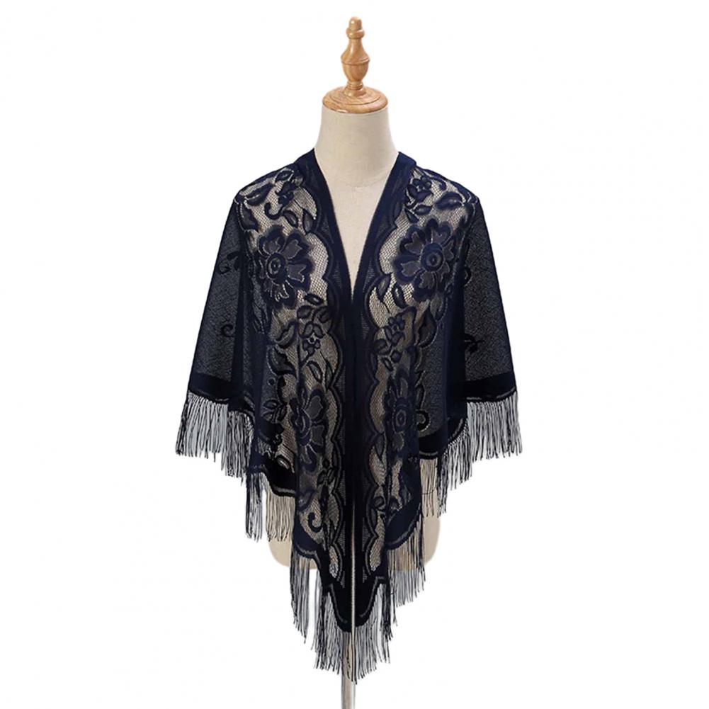 1116  Women Party Shawl Flower Embroidery Hollow Out Tassel See-through Solid Color Clothes Matching Cardigan Prom Scarf Lady