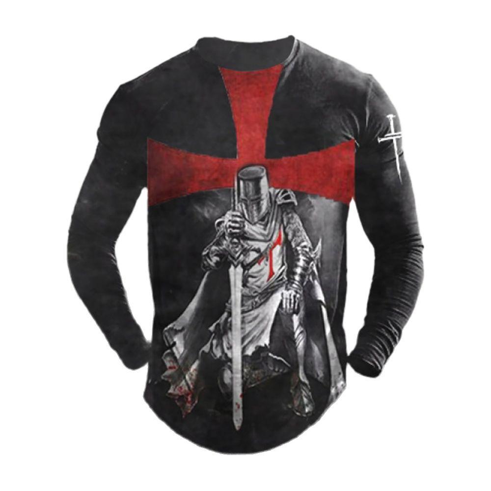 Retro Men's 3D Knights Templar Long Sleeve T-Shirt Street Hip Hop Loose Round Neck T-Shirts Blouse Plus Size Pullover Tops Tees