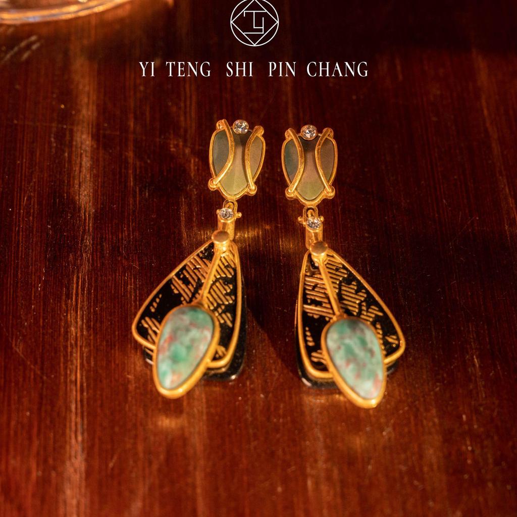 Western Vintage European & American Handmade Enamel Gold-Plated Natural Stone Unique Earrings