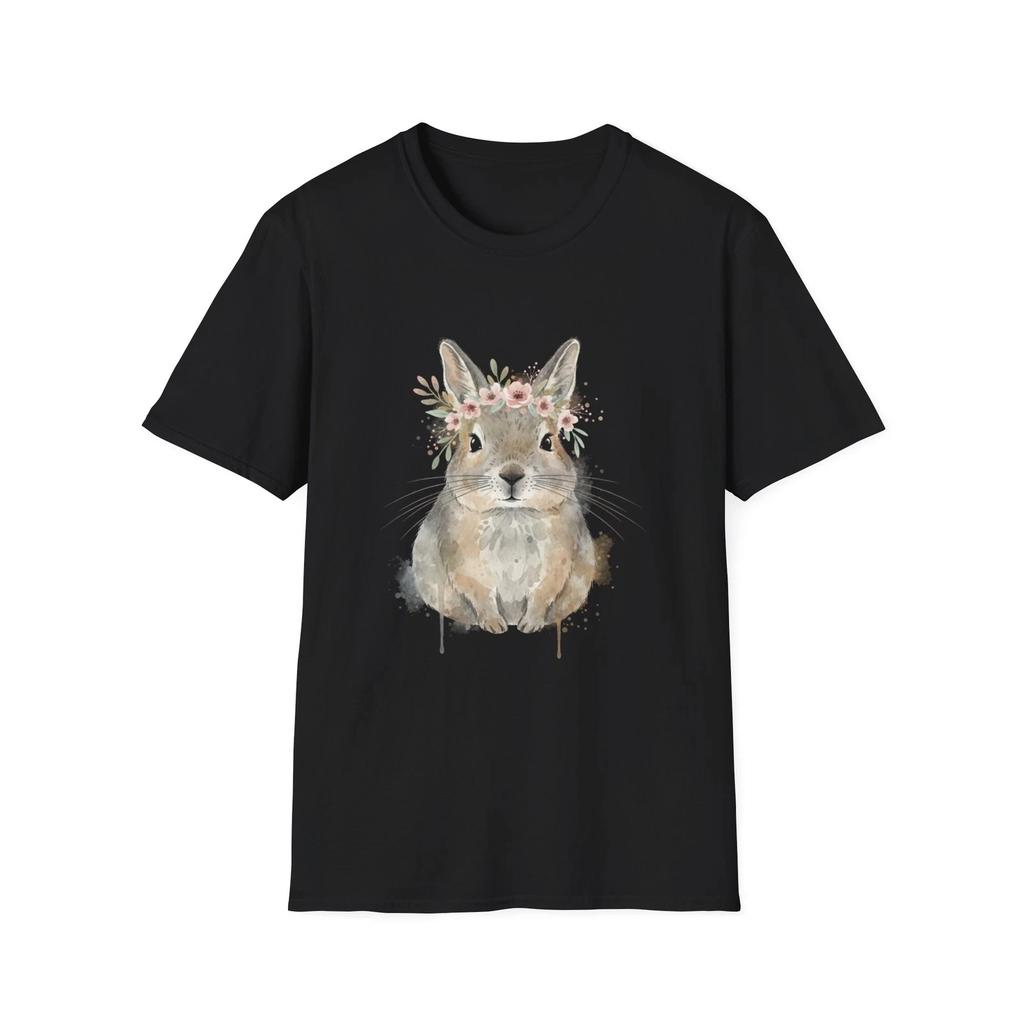 Bunny Floral Watercolor Boho Black Tee Nature Aesthetic Graphic T-Shirt