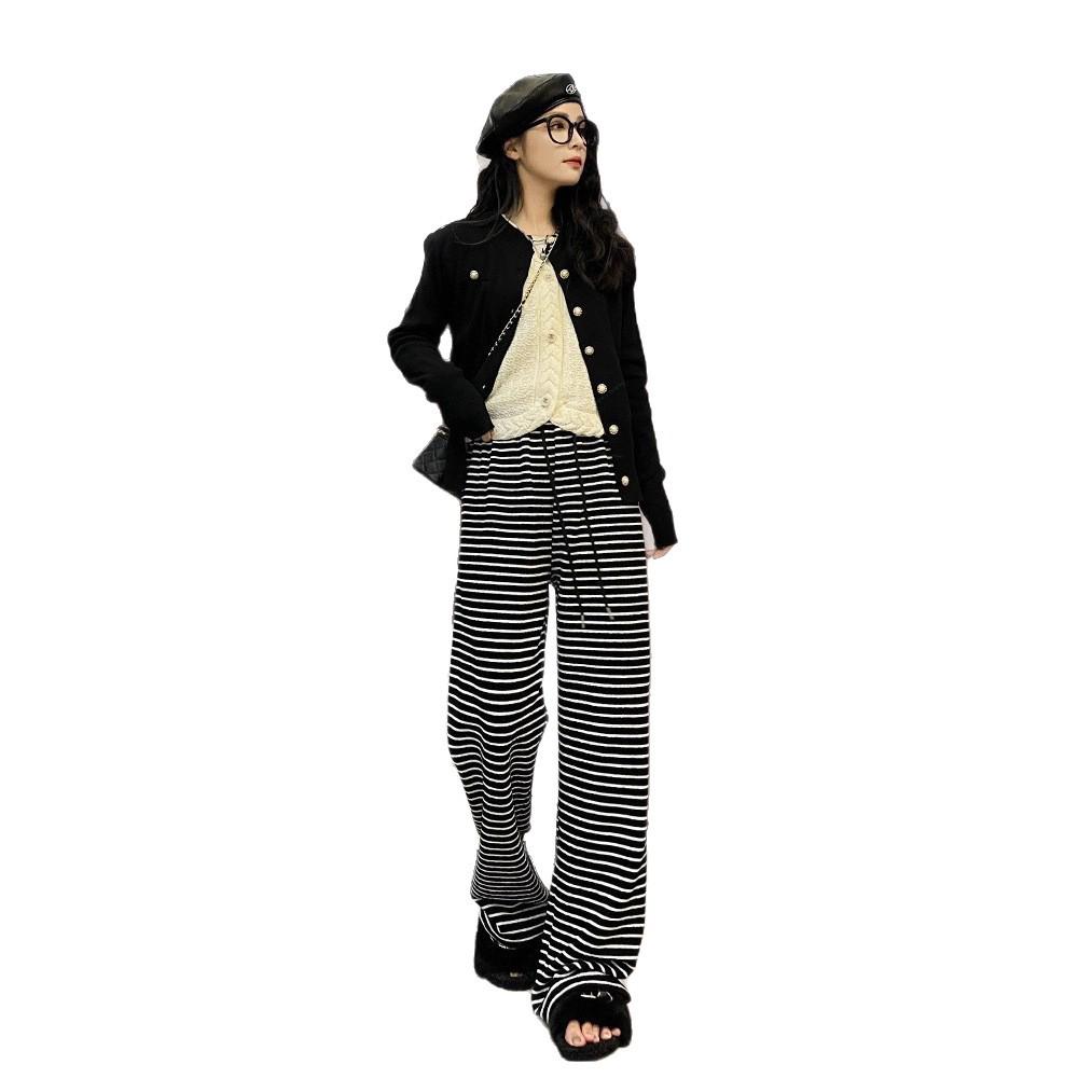 Women's 2025 Striped Terry Pants - Autumn/Winter Casual Lazy Stroll, Narrow Straight Leg, Wide Leg Trousers.