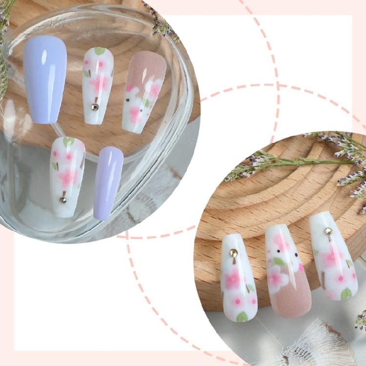 24x Glänzend Vollabdeckung Falsche Nägel Lange Form Press-On Nägel Blumen Aufkleber Nägel Einfache Acryl Nägel