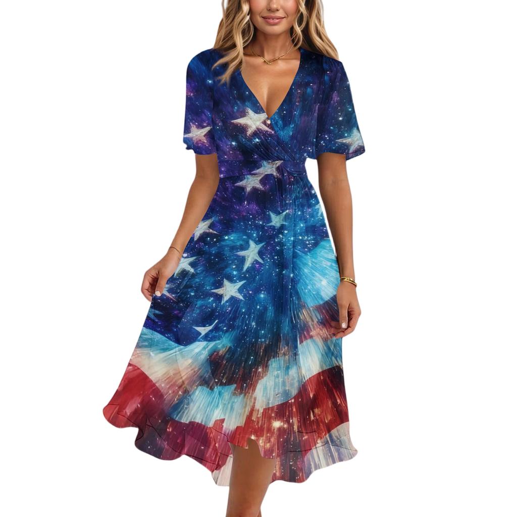 Women's Casual V-Neck Short-Sleeve Independence Day Print Dress