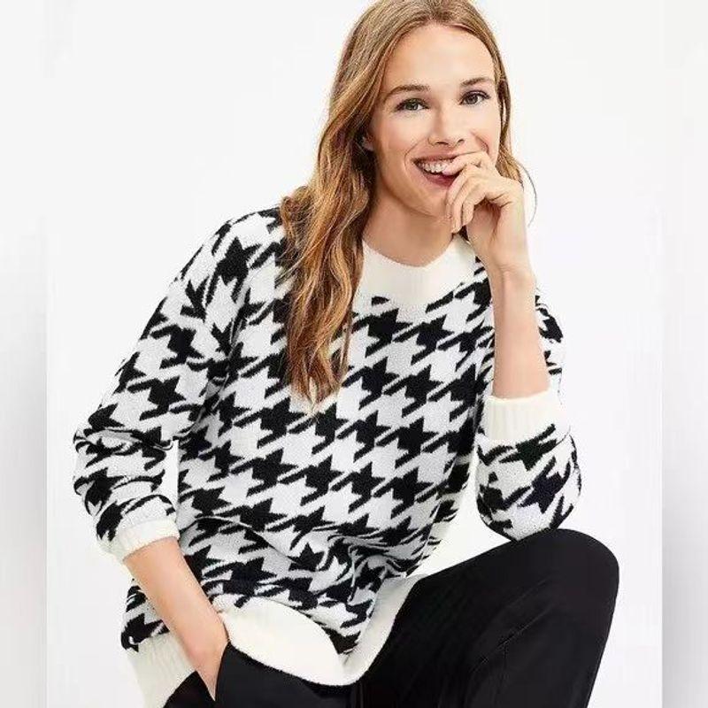 

Sunshine House Autumn and Winter Export European and American Women s Clothing Mink Fur Houndstooth Pattern Mid-Length Sweater Thick Sweater Black and white pattern Bust size 112