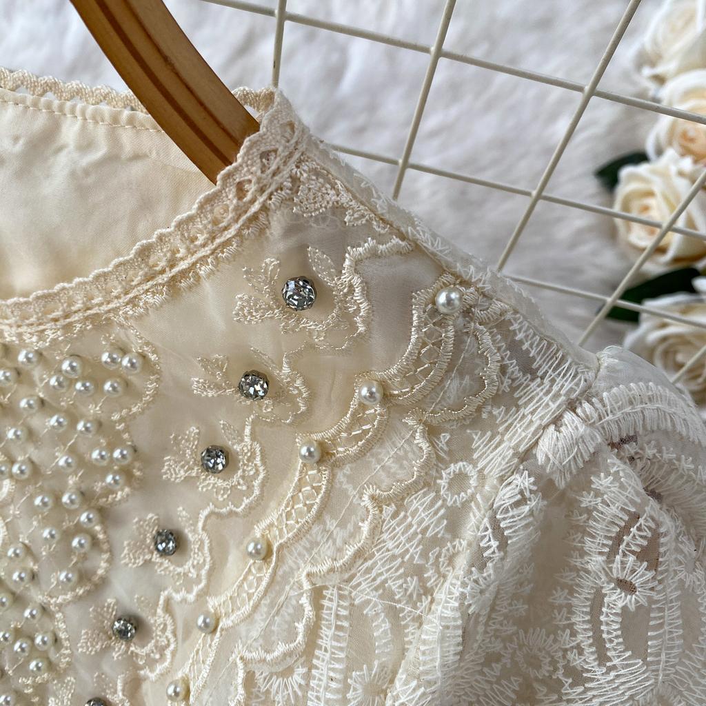 High Quality Runway Design Embroidered Beaded Round-Neck Wedding Dress for Women Summer Lace Crochet Slim Pleated Dress