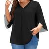 Women's Color V-neck Plus Size Tops 3/4 Sleeves Elegant Shirt Tops