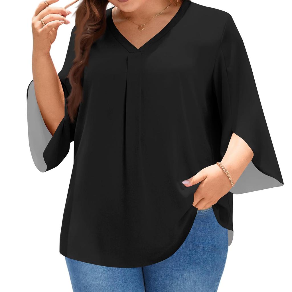 Women's Color V-neck Plus Size Tops 3/4 Sleeves Elegant Shirt Tops