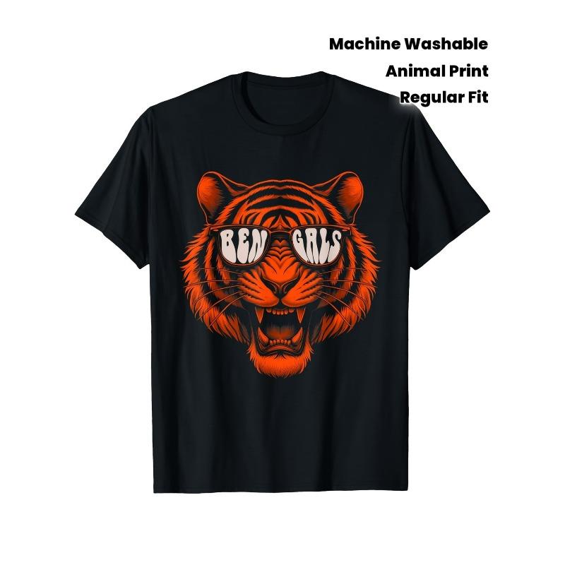 

European sizes Men s Bengal Tiger Graphic T-Shirt - Black & Orange Animal Print with Benga Becha & Bengals Lettering 3XL чорний